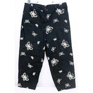 Easy spirit Woman Sz 18 Black Pants White Butterfly Embroidered Pattern All Over